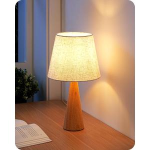 EDISHINE 13.58" Small Cute Table Lamp, Wooden Base Bedside Lamp with Beige Linen Lampshade, Space-Saving Nightstand Lamp for Nursery Bedroom Living Room, E26, ON-Off Button, Burlywood Base (Light Wood Color)
