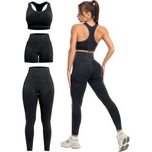 SALSPOR 3 Piece Workout Sets for Women Butt Lifting Leggings with High Impact Sports Bra Gym Shorts Activewear Matching Set(3DWX-Washed Black-S)