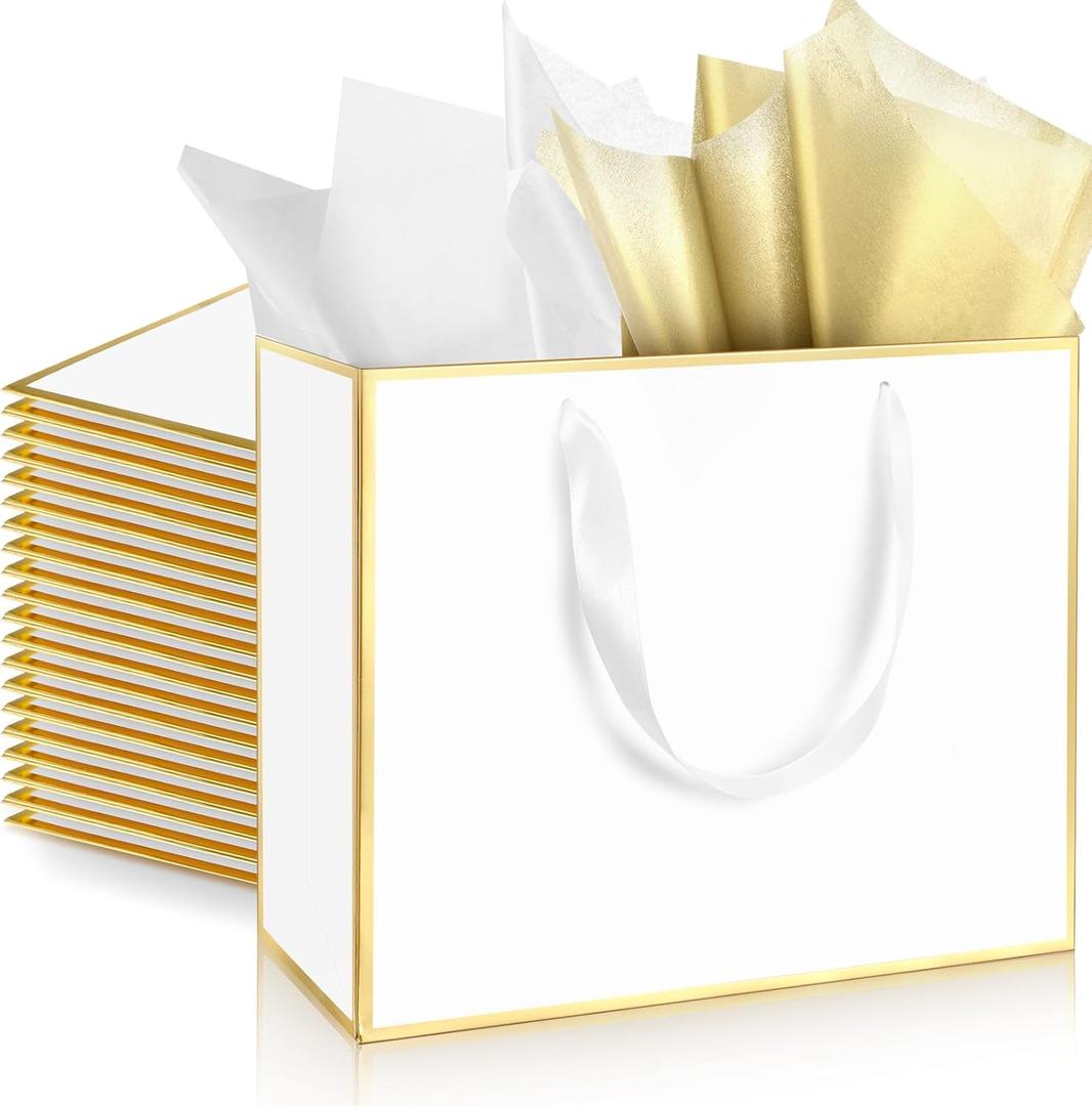 ReliThick 12 Pack Metallic Paper Gift Bag with Handles and Tissue Paper 11.8 x 10 x 4'' Thank You Favor Bag for Father's Day Wedding Bridesmaid Groomsmen 5 Senses Birthday Gifts(White, Gold)