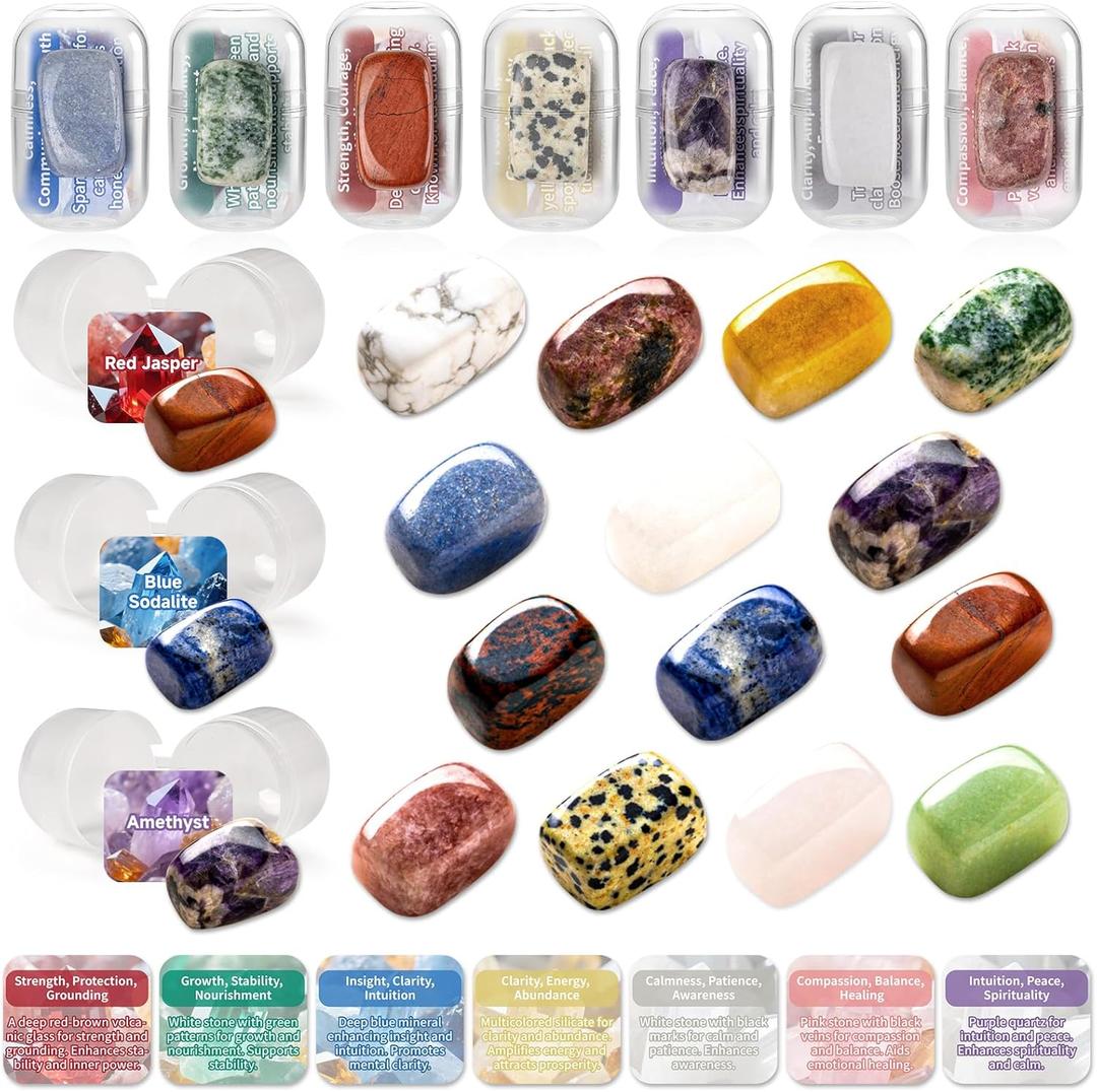 MEADIN 28 Pack Prefilled Easter Eggs with Gemstones - Filled Easter Clear Eggs with Natural Gems Crystal & Guide for Kids Easter Egg Hunting Party Favors