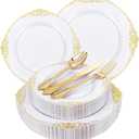 125PCS White and Gold Plastic Plates - Gold Disposable Plates with Plastic Silverware - Vintage Disposable Dinnerware Set for 25 Guests for New Year Parties Holiday