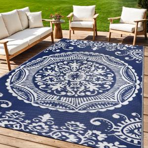 Capslpad Outdoor Rug 5x8 Blue Waterproof Outside Plastic Straw Rug, Reversible Boho Floral Balcony Carpet Foldable Camping Area Rug with Carry Bag for RV Patio Backyard Deck Bench Picnic Porch