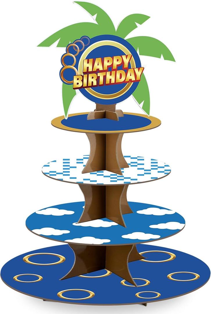 Geelin 4 Tier Gold Ring Cartoon Round Cupcake Stand Birthday Decoration Animals Forest Ring Tray Cake Stand Decorations for Birthday Party Baby Shower Supplies (Blue)