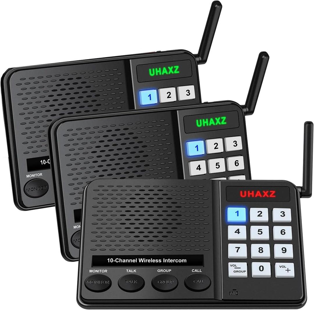 Intercoms Wireless for Home, Long Range Intercom 6000ft, 10 Channel Home Intercom System with Group Call, Clear Sound, Room to Room Intercoms, House Intercom System for Business(3 Packs)