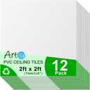 Art3d 24"x24" Smooth Drop Ceiling Tiles (48 Sq.Ft), 12-Pack 2ft x 2ft PVC Tiles for Home and Office, Waterproof and Reusable Plastic Ceiling, White
