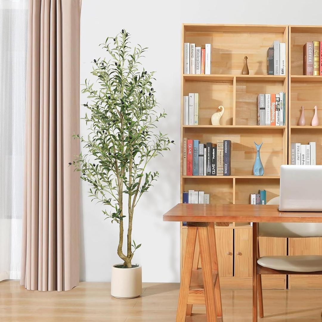 6ft Artificial Olive Tree Faux Silk Plant, 6 Feet Olive Trees Indoor with Lively Artifical Wood Trunk and Lifelike Fruits, Good Choice for Modern Home Office Living Room Decor, 1 Pack