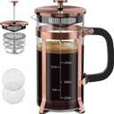 QUQIYSO Coffee Maker 304 Stainless Steel French Press with 4 Filter, Heat Resistant Durable, Easy to Clean, Borosilicate Glass Coffee Press, 100% BPA Free Teapot, 21 ounce, copper