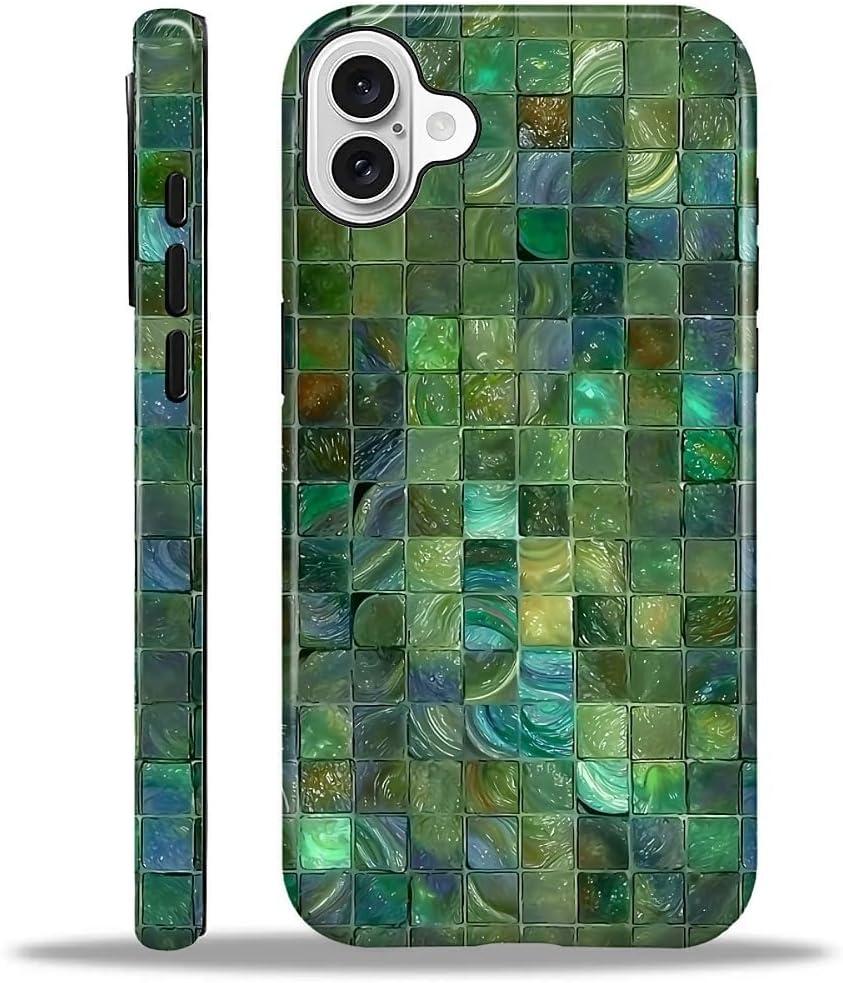Case for iPhone 16 Case,Green Toned Glass Mosaic Patten Design - Hybrid Dual Protection Silicone + Hard PC Shockproof Full Body Cover Slim Anti-Scratch Protective Case for Men Women