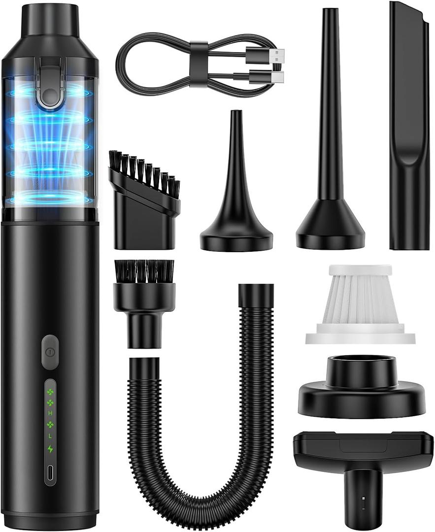 Car Vacuum Portable Cordless Handheld Vacuum Cleaner 4-in-1 Mini Cordless Vacuum with 2 Suction Modes and 16000pa Suction Power Blowing & Inflating 2 Modes Handheld Vacuum for Car, Desk, Keyboards. Black