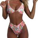 geluboao Bikini Set for Women Solid V Neck Knot Front Push Up High Leg Thong Two Piece Swimsuit M