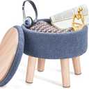 Poofzy Small Ottoman with Storage, Small Foot Stool Ottoman with Wood Legs, Sherpa Foot Rest for Couch, Living Room and Bedroom, Blue