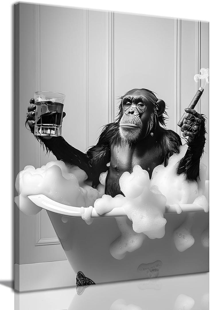 OIQArtOIQ Funny Bathroom Framed Wall Art Vintage Canvas Wall Art Prints Chimpanzee in Bathtub Pictures Wall Decor Modern Minimalist Humorous Artwork For Restroom (16"x24" Canvas)