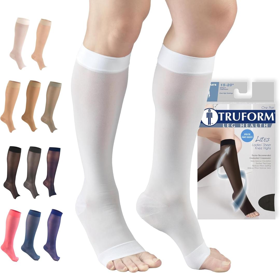 Truform Sheer Compression Stockings, 15-20 mmHg, Women's Knee High Length, Open Toe, 20 Denier, White, Medium