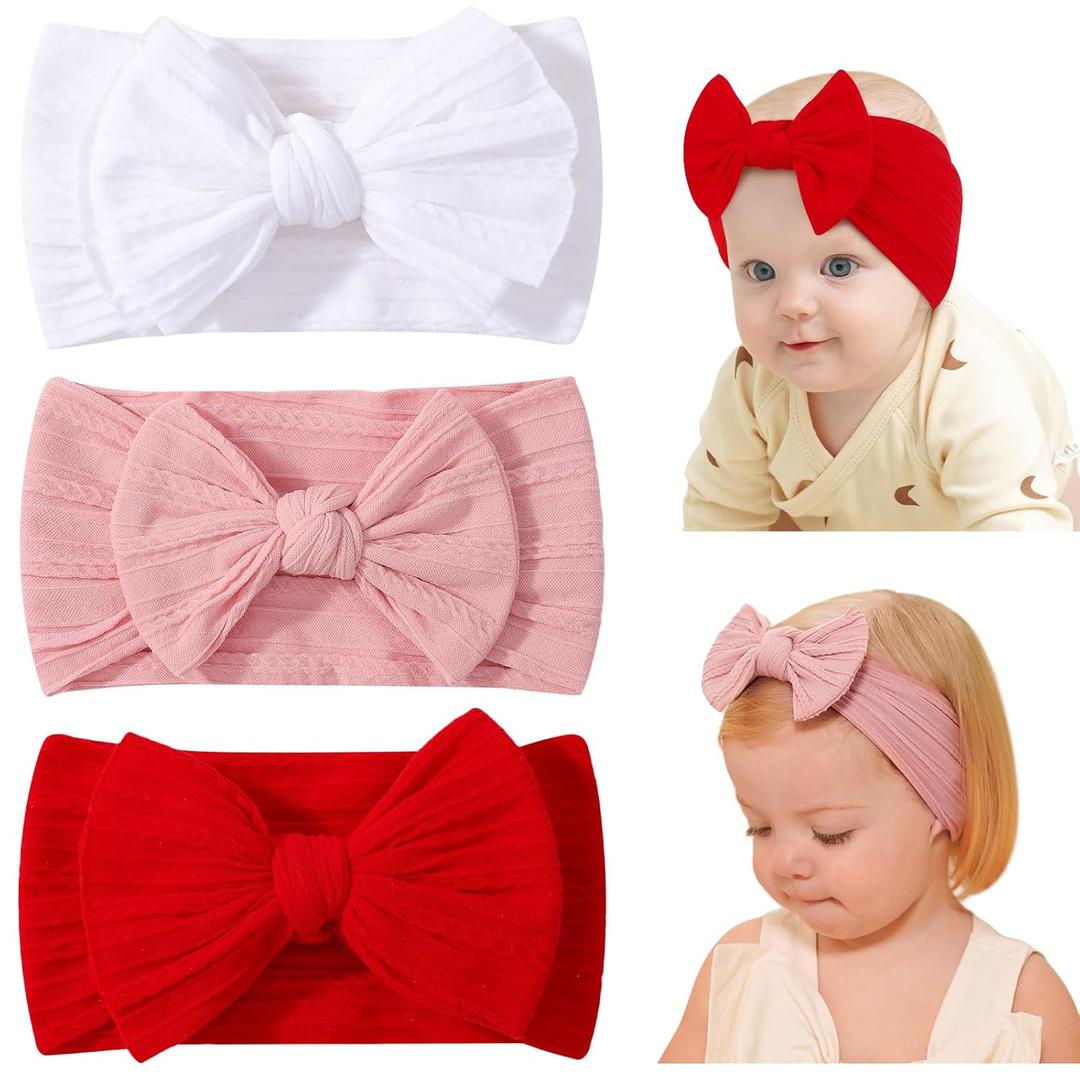jollybows 3PCS Baby Bows Headbands Soft Nylon Baby Girl Headbands for Newborn Infant Toddler Kids Christmas Bow Wide Hairbands Hair Accessories(White Pink Red)