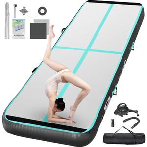 FBSPORT Inflatable Air Gymnastics Mat Training Mats 4/8 inches Thickness Gymnastics Tracks for Home Use/Training/Cheerleading/Yoga/Water with Pump (10ftL*3.3ftW*8inH, Black Green)