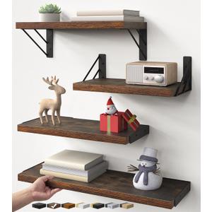 BAYKA Wall Shelves for Bedroom Decor, Floating Shelves for Wall Living Room Kitchen Storage, Mounted Rustic Wood Floating Shelves for Kids Books, Corner Shelf for Bathroom(Rustic Brown, Set of 4)