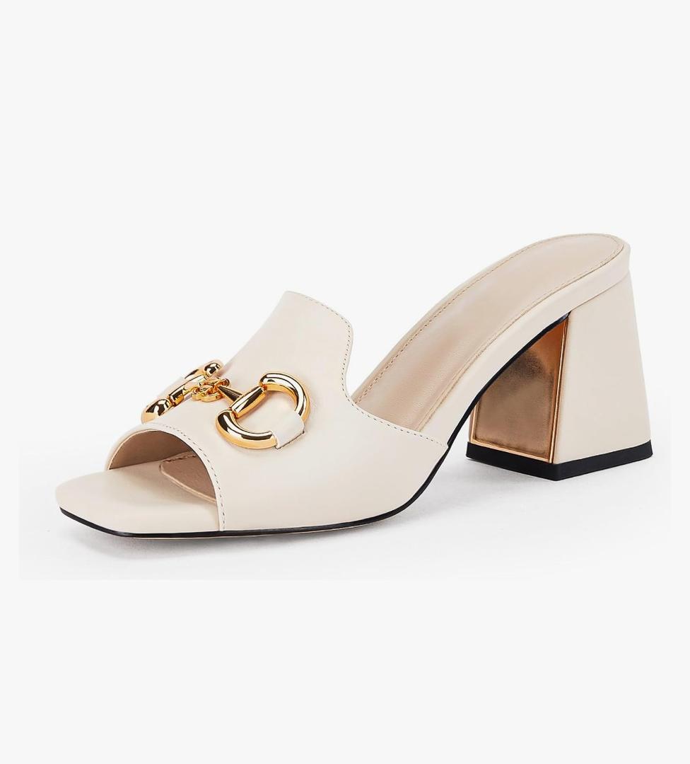 gihubafuil Women's Sandals Peep Toe Slides Chunky Heel Mules Single Band Comfort Slip-on Shoes with Metal Chain for Spring Summer 6