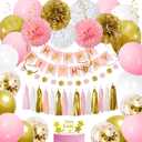 Pink Gold Birthday Decorations, Pink White Gold Party Decorations for Women - Happy Birthday Banner, Balloons, Tissue Pompoms, Tassels Garland