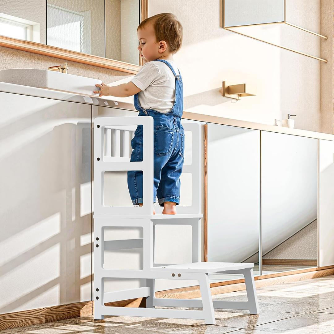 COSYLAND Toddler Step Stool with Removable Protective Side Guard Stable Kid's Learning Stool for Bathroom Potty, Kitchen, Bedroom Counter Helper with Armrest White, 39"D x 40"W x 65"H
