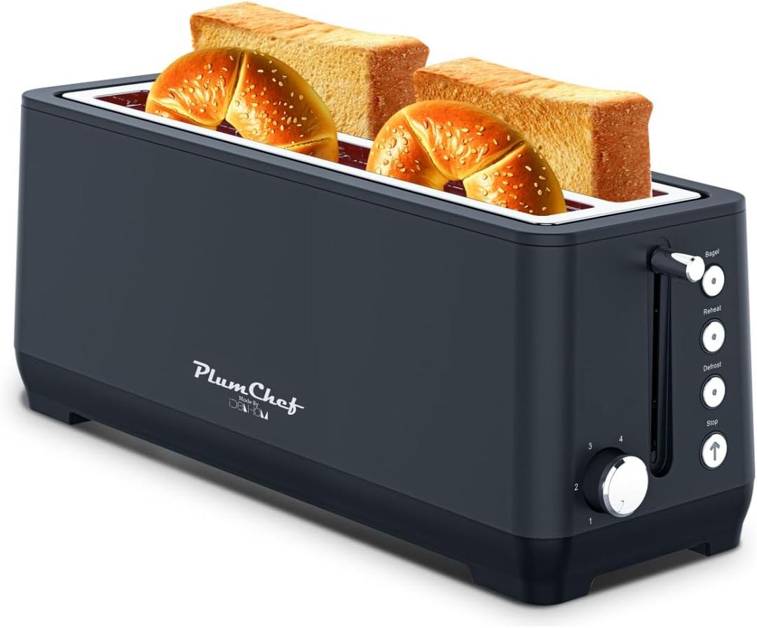 Plum chef 4-Slice Toaster, Extra Wide Long SIot Toaster, 6 Browning Settings, Bagel/Defrost/Reheat Functions, Removable Crumb Tray, Stainless Steel Housing 135oW (Black)