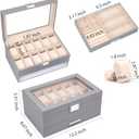Voova Glass Top Watch Storage Case, Jewelry Organizer, Gray | 2-layer PU leather watch organizer with 12 slots and glass lid for watches, sunglasses, rings and necklaces