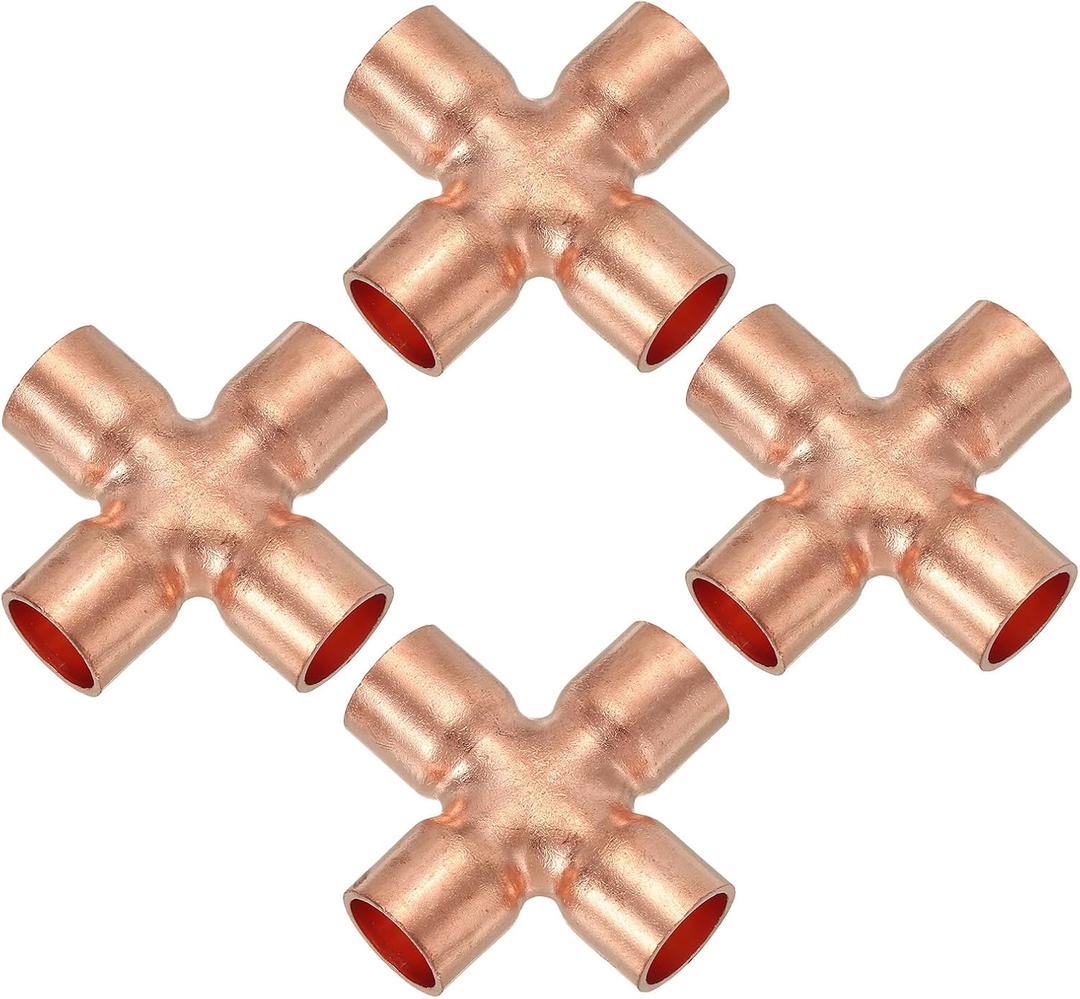 PATIKIL 1/2"(12.7mm) Copper Cross Pipe Fitting, 4 Pcs 4 Way Welding Copper End Feed Equal Pipe Connector for Plumbing Air Conditioning Refrigeration