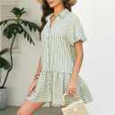 Womens Summer Striped Shirt Dress Short Puff Sleeve Button Down Ruffle Flowy Dress Loose Fit Casual Beach Wear (Green, XL)