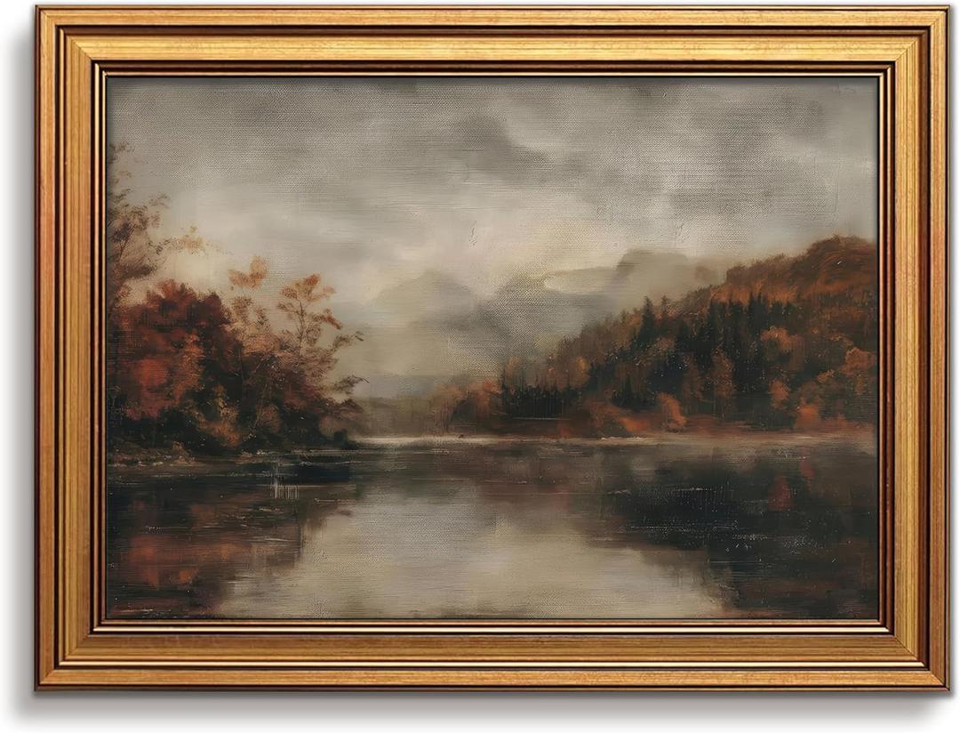 Vintage Landscape Wall Art Gold Framed Fall Lake Pictures Decor 16x24 Inch