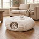 Cat Tunnel Bed Cave - Soft Washable Cushion for Indoor Cats, Peekaboo Hideaway Cave for Indoor Cats, Kittens, Puppies, Rabbits, Luxurious Striped Hare-Feel Fabric, Tunnels for Indoor Cats Large(White)