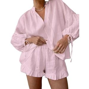 Mxiqqpltky Linen Shorts Sets Women 2 Piece Outfits Long Sleeve Tie Front Tops and Ruffled Boxer Shorts Matching Lounge Sets M