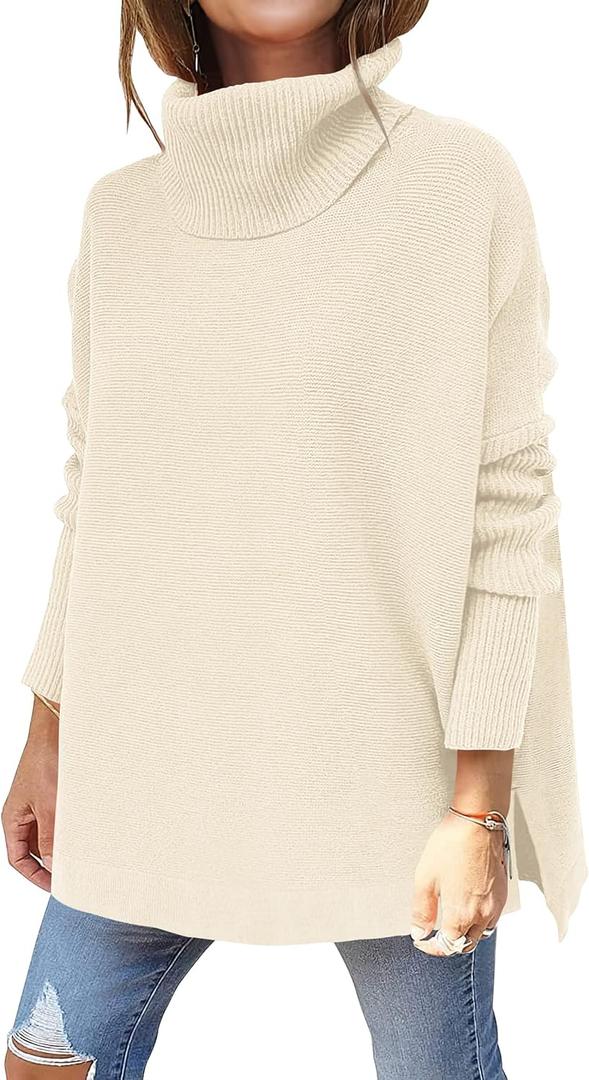 ANRABESS Women's Oversized Turtleneck Batwing Sleeve Spilt Casual Loose Knit Tunic Pullover Sweater Tops 2025 Fall Outfits (X-Large, Parchment Apricot)