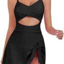 ZAFUL Women One Piece Swimdress Tummy Control Bathing Suit Push Up Swimsuit Modest Swimwear Cutout V Neck Cute Tie Knot Skirt, L