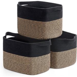 Goodpick Black Woven Rope Basket Set of 3, Shelf Storage Baskets for Books, Towels, clothes, Rectangle Decorative Basket for Living Room, Bedroom, Toy Bin for Nursery