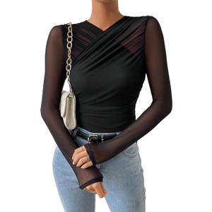 GORGLITTER Women's Sheer Mesh Long Sleeve Top See Throuogh Ruched Criss Cross Tees Shirts Going Out Tops (Medium, Black)