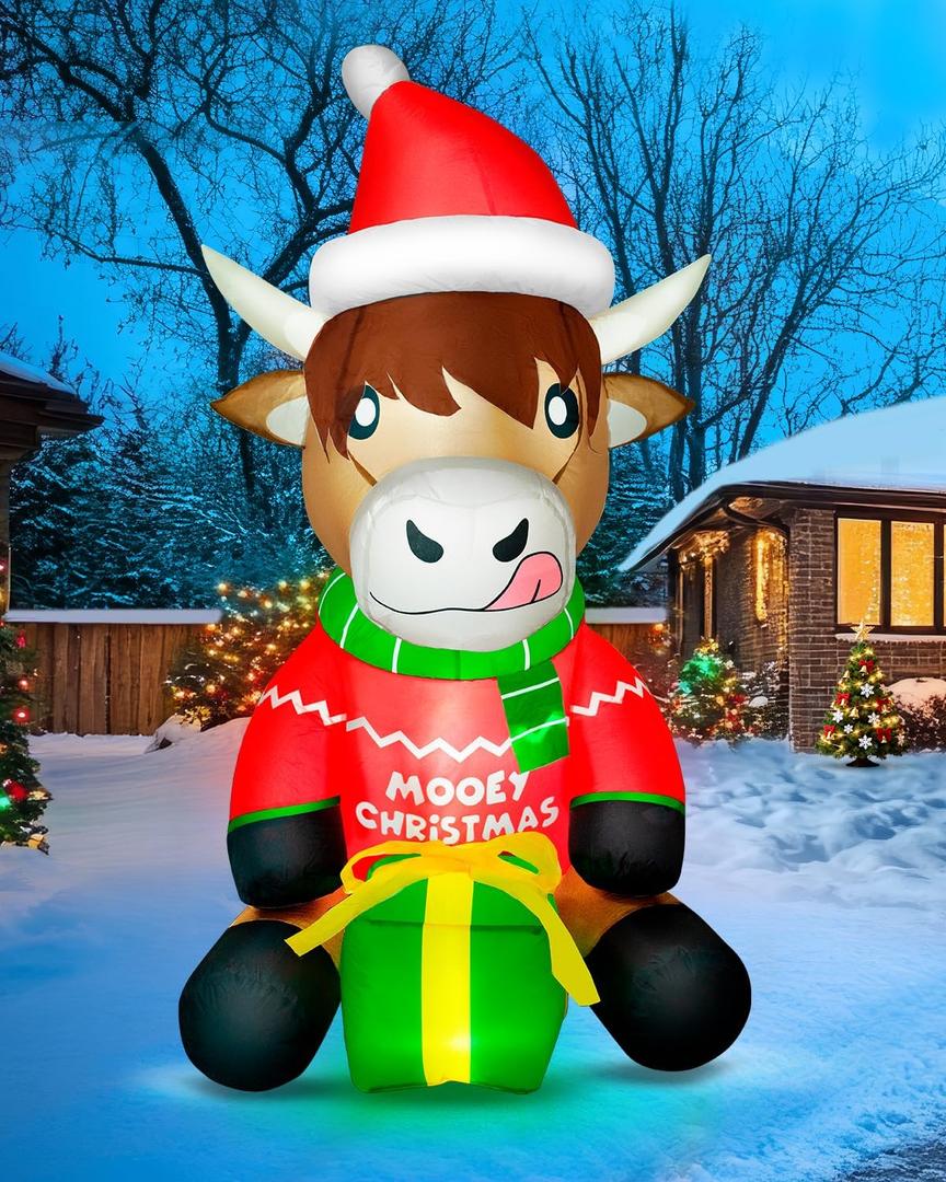 5FT Christmas Inflatables Highland Cow, Christmas Decoration Outdoor Built-in Bright LED Light Christmas Blow Up Cow Yard Decorations Blowups for Farm Indoor Holiday Party Xmas New Year