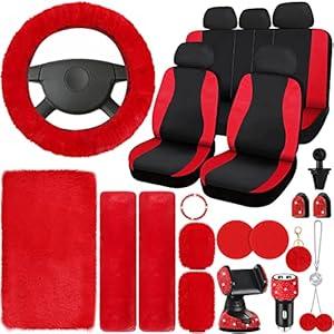 Nuenen 24 Pcs Red Car Seat Cover Full Set for Women, Car Seat Covers for Front Rear Fluffy Steering Wheel Cover Seat Belt Shoulder Pads Bling Crystal Car Phone Holder Hooks Bling Car Accessories Set