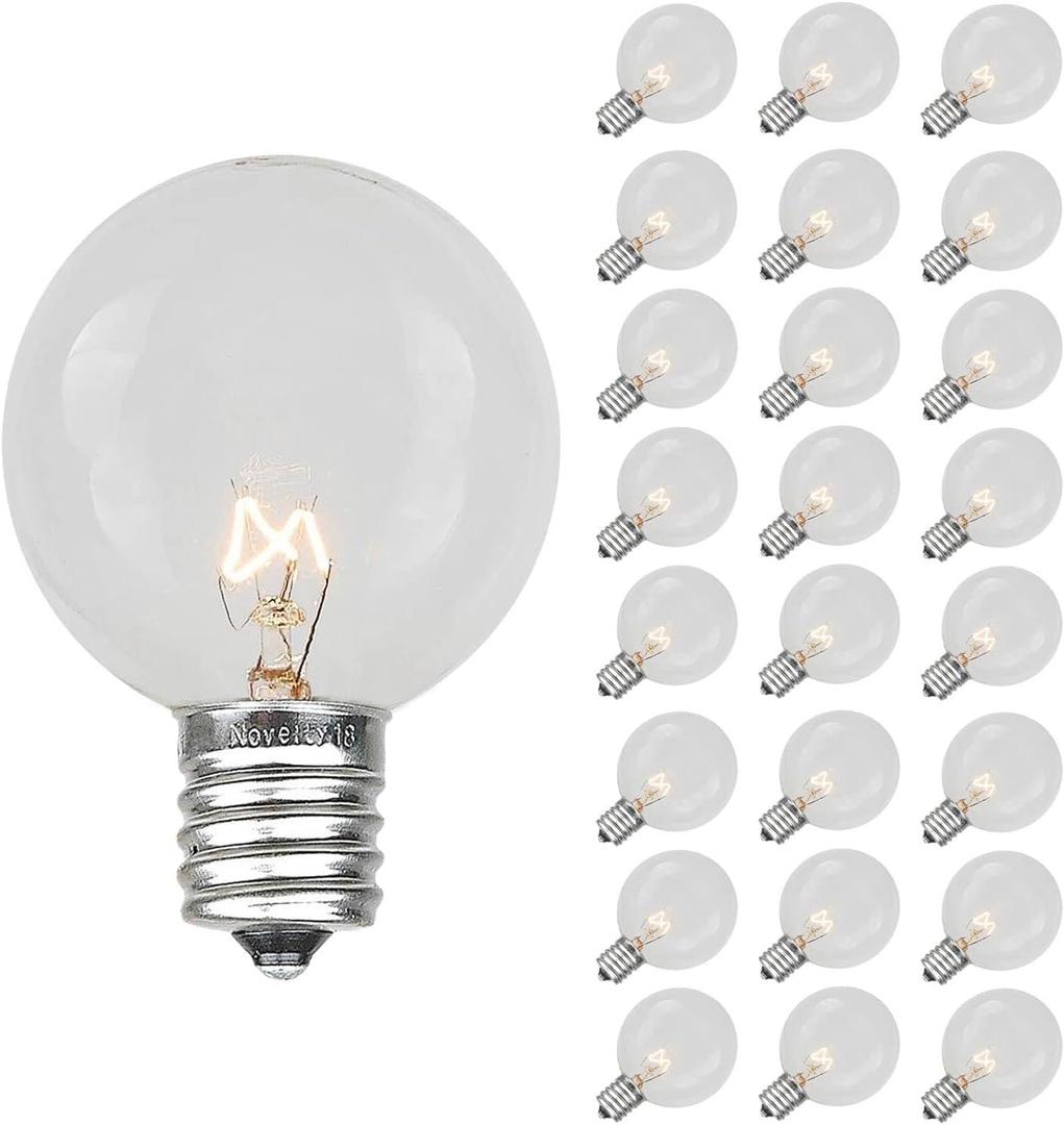 Novelty Lights 25 Pack G50 Outdoor Patio Globe Replacement Bulbs, Clear, E17/C9 Intermediate Base, 7 Watt