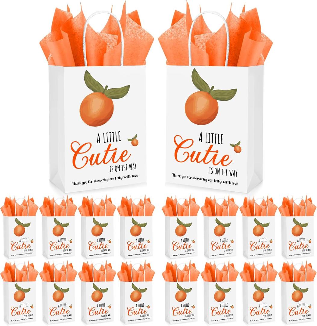 Engrowtic 50 Sets Little Cutie Baby Shower Favor Gift Bags - Orange With Handles and Tissue Paper - on the Way Decorations for Guests Return Gift