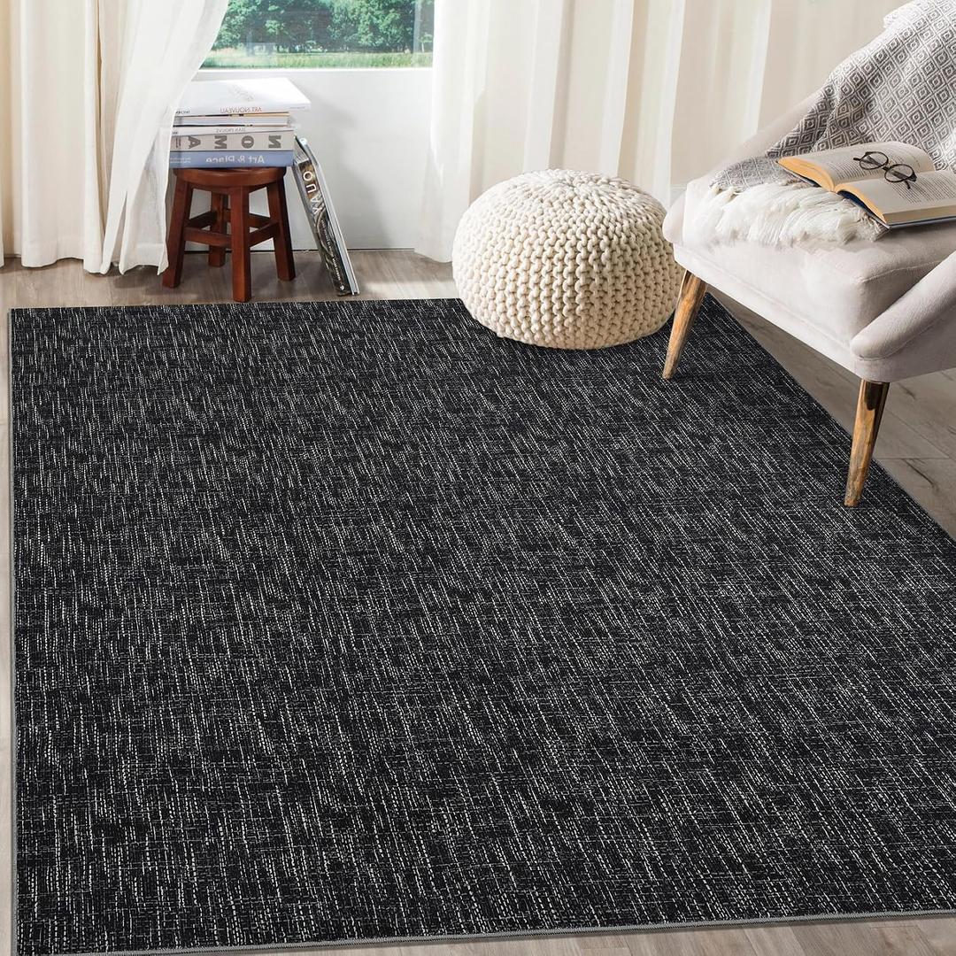 RUGSREAL 8x10 Washable Rug for Living Room Non-Slip Modern Abstract Area Rug Stain Resistant Large Bedroom Rug Contemporary Accent Throw Floor Carpet Solid Rug for Dining Room Home Decor, Black