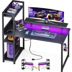 ODK Reversible Gaming Desk with USB Charging Port and LED Lights, 40 Inch Computer Desk with Storage Shelves & Monitor Stand, Study Table for Home Office, Small Space Bedroom, Carbon Fiber Black