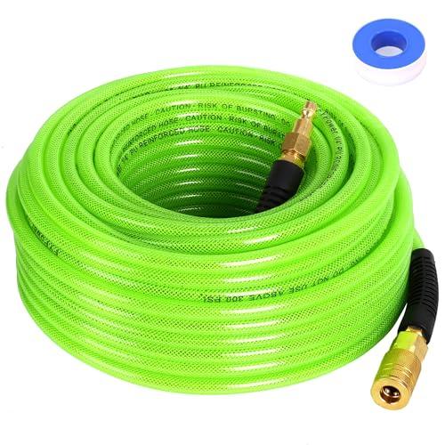 FYPower Air Compressor Hose 1/4 Inch x 100 Feet Reinforced Polyurethane (PU) Air Hose with Fittings, Bend Restrictors, 1/4" Industrial Quick Coupler and Plug Kit, Green