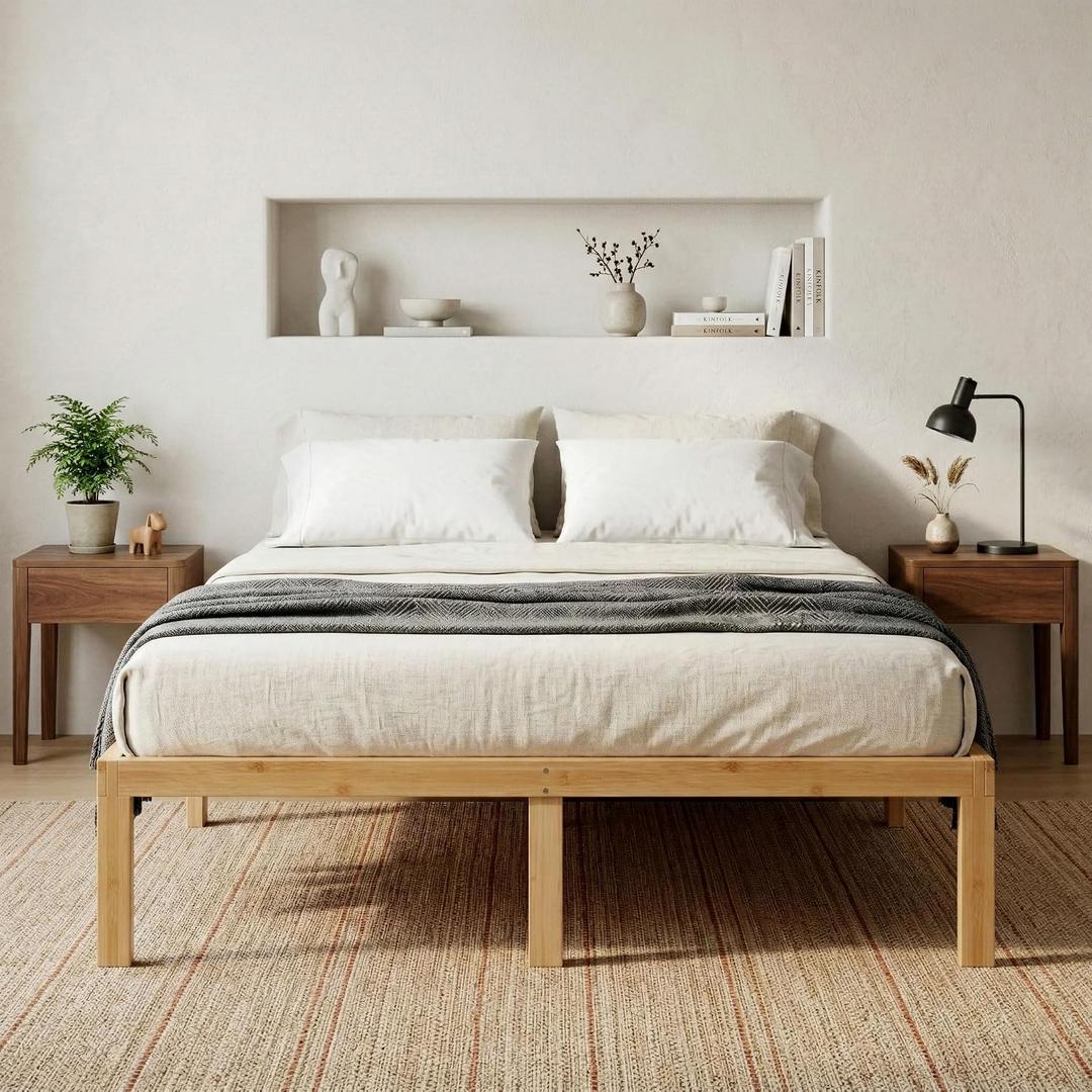 14 IN Full Size Bamboo Platform Bed Frame Wood No Box Spring,Natural | Platform Bed Frame 100% Natural Solid Bamboo Non-Slip Slats Support,Solid Wood Heavy Duty & Noise-Free, Easy Assembly