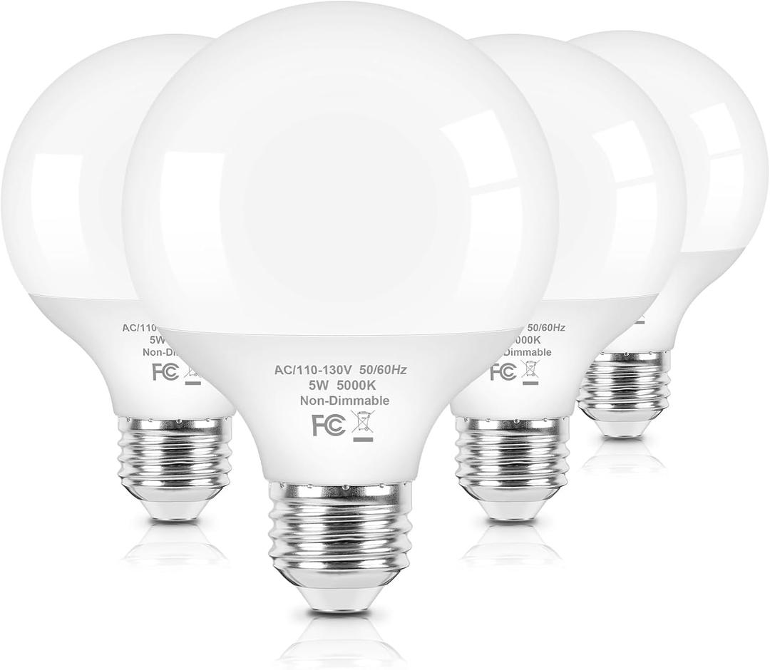 Brightever G25 LED Globe Light Bulbs 60W Equivalent, 5000K Daylight White LED Vanity Light Bulbs with E26 Standard Base for Bathroom, 5W Round Light Bulb for Vanity Mirror, 600LM, 4-Pack, Non-Dimmable