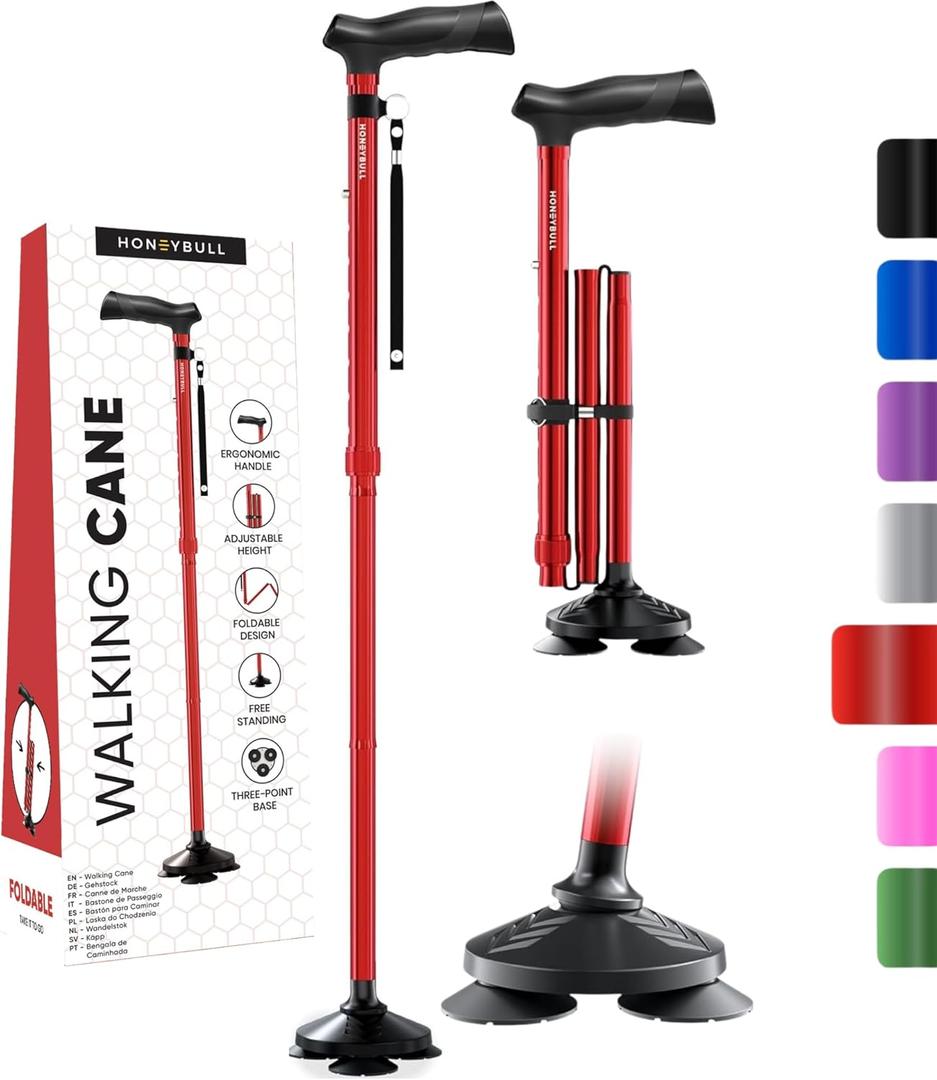 HONEYBULL Walking Cane for Men & Women Foldable, Adjustable, Heavy Duty, Free Standing, All Terrain, Collapsible Walking Sticks for Seniors & Adults (Red)