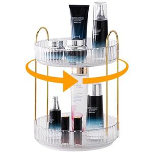 Makeup Organizer for Vanity, 360° Rotating Bathroom Organizer Countertop, High-Capacity Skincare Organizer, Spinning Cosmetics Organizer for Dresser Countertop (2 Tiers, Clear)