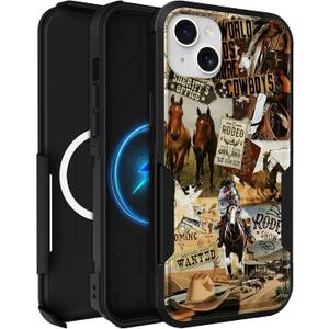 Heavy Duty for iPhone 15 Case - Compatible with MagSafe Shockproof Protective Rugged Magnetic Men Military Grade Shock Drop Proof Durable Strong Phone Cover Funda for Apple 15 Case, Western