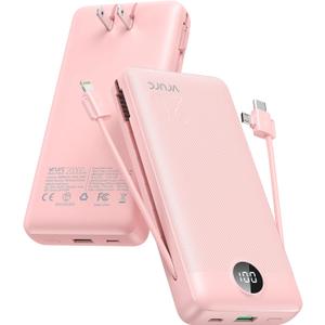 VRURC Portable Charger 20000mAh, Fast Charging Power Bank USB C,4 Output 2 Input Travel Essentials Charging Bank Equipped with LED Display,Built-in Wall Plug and Cables,Phone Charger Battery,Pink