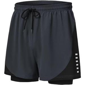 Pdbokew Men's 2 in 1 Running Shorts Lined Workout Shorts Basketball Shorts (Large, Dark Grey)