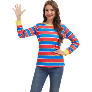 Adult Womens Long-Sleeved Striped T-Shirt Cartoon Character Costume for Halloween Cosplay Party (XX-Large, Red and Blue Stripes)