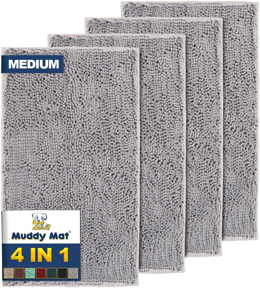 Muddy Mat 4-Piece Grey Medium 30"X19" AS-SEEN-ON-TV Highly Absorbent Microfiber Door Mat, Bath Mat and Pet Rug, Non Slip Thick Washable, Soft Chenille for Kitchen Bathroom Bedroom Indoor and Outdoor